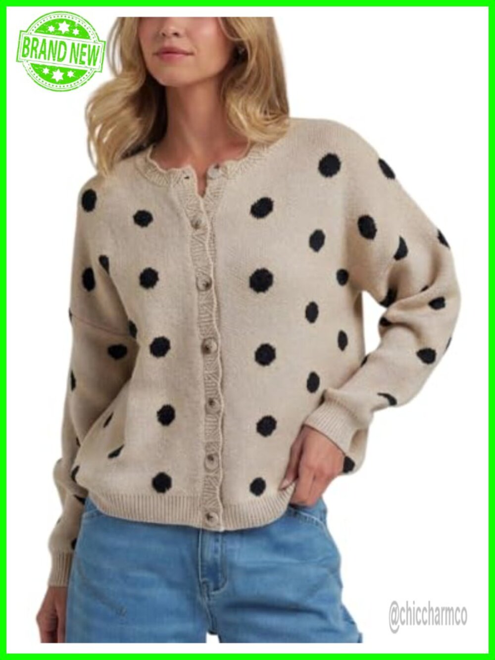 Polka Dot Button Cardigan Oversized Knit Crew Neck Long Sleeve Women's